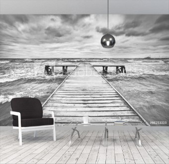 Picture of Old wooden jetty during storm on the sea Dramatic sky